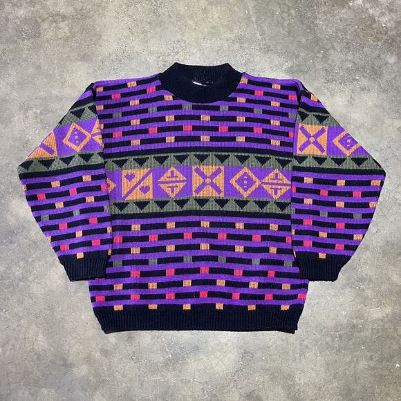 Vintage 80s Spunky Purple/Black Pattern Mock Neck Sweater - Picture 1 of 4